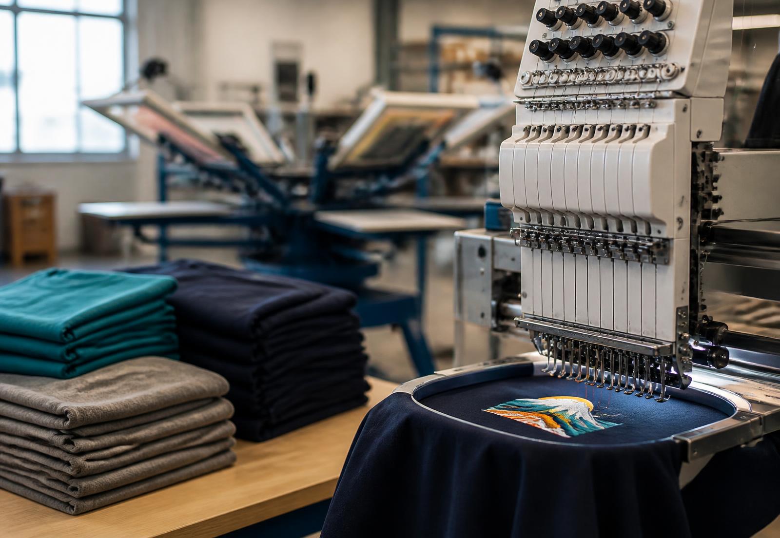 Blick in unsere Produktion: Stickmaschine und veredelte Textilien in der Textilveredelung
